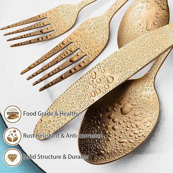 LIANYU 20 Piece Matte Gold Silverware Set, Stainless Steel Gold Flatware Cutlery Set for 4, Fancy Kitchen Utensil Tableware for Home Restaurant Party, Satin Finish, Dishwasher Safe