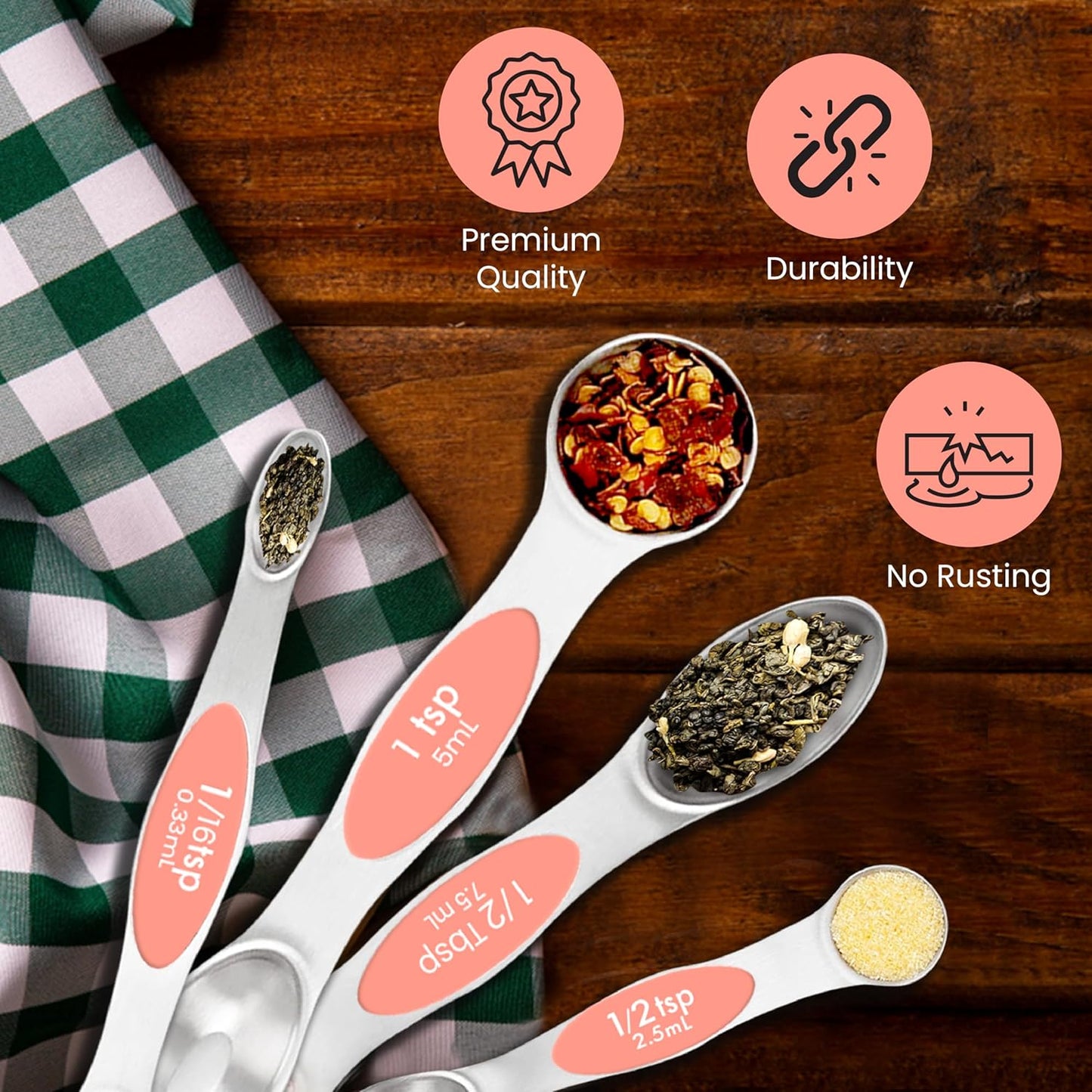 Magnetic Measuring Spoons Set of 9 Stainless Steel Dual-Sided Stackable Measuring Spoon Nesting Teaspoons Measuring Dry and Liquid Ingredients, Fits in Spice Jars Set of 9 (Peach)