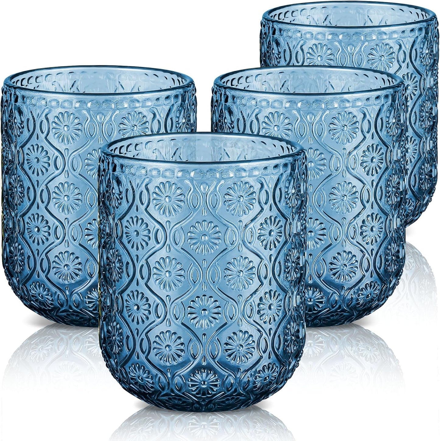 Joeyan Small Blue Drinking Glasses,Vintage Embossed Floral Water Glass Tumbler Cups,Colored Beverages Cocktail Juice Wine Glassware,9 oz,Set of 4,Dishwasher Safe