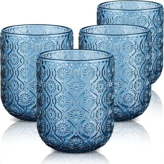 Joeyan Small Blue Drinking Glasses,Vintage Embossed Floral Water Glass Tumbler Cups,Colored Beverages Cocktail Juice Wine Glassware,9 oz,Set of 4,Dishwasher Safe