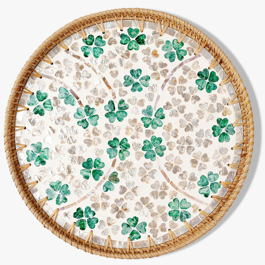 Round Rattan Tray with Mother of Pearl Inlay & Wooden Base - Decorative Wicker Serving Tray for Coffee/Bread/Fruits, Food Storage & Display - Multipurpose Home Decor (L,Four-Leaf Clover)