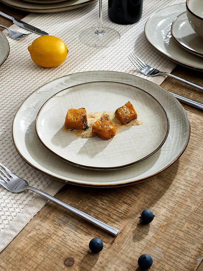 Famiware Moonlight Plates and Bowls Sets, 12 Pieces Stoneware Dinnerware Sets with Linen Finish, Handmade Dishware Set for 4, Microwave and Dishwasher Safe, Chip and Scratch Resistant, Summer Sand