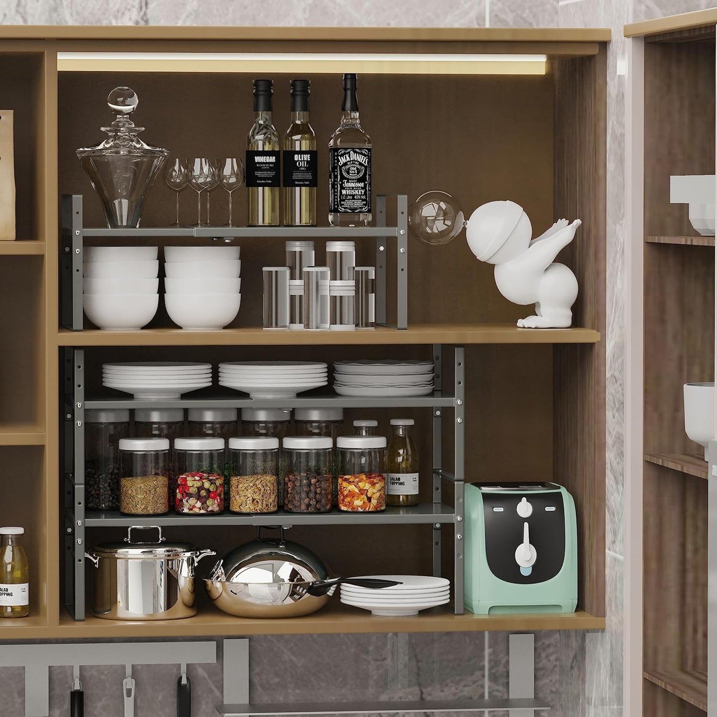 Expandable Stackable Spice Rack Cabinet Shelf Organizer in Cabinets Shelves Kitchen Cupboard Organization Stack up Racks Pantry Countertop Storage (Gray, Large 1 Pack)