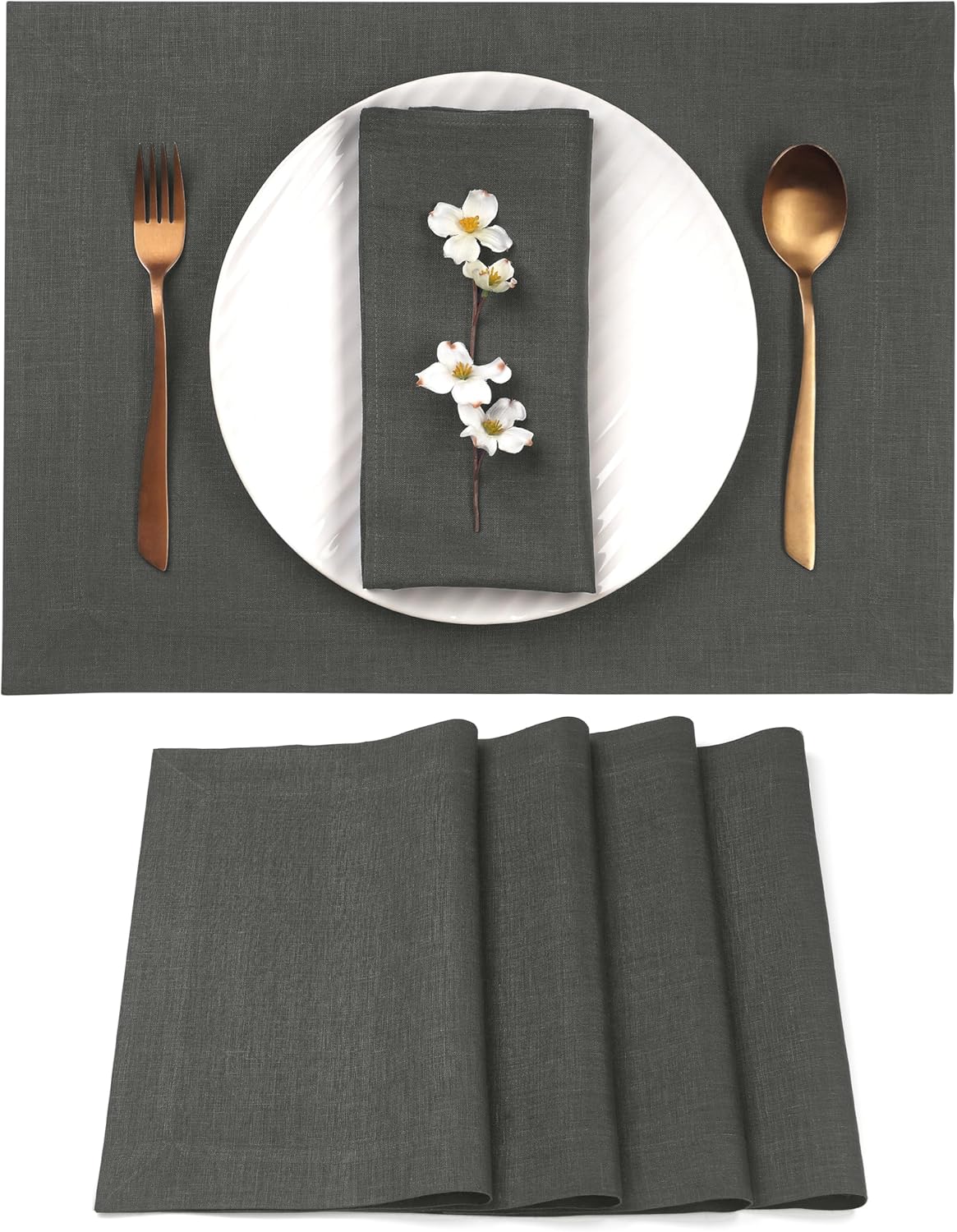 D'Moksha Homes Linen Charcoal Grey Placemats Set of 4-100% Pure Linen Placemats 14 x 19 Inch for Fall, Autumn and Halloween - Handcrafted and Machine Washable