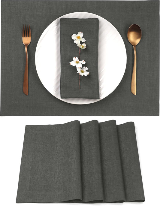 D'Moksha Homes Linen Charcoal Grey Placemats Set of 4-100% Pure Linen Placemats 14 x 19 Inch for Fall, Autumn and Halloween - Handcrafted and Machine Washable
