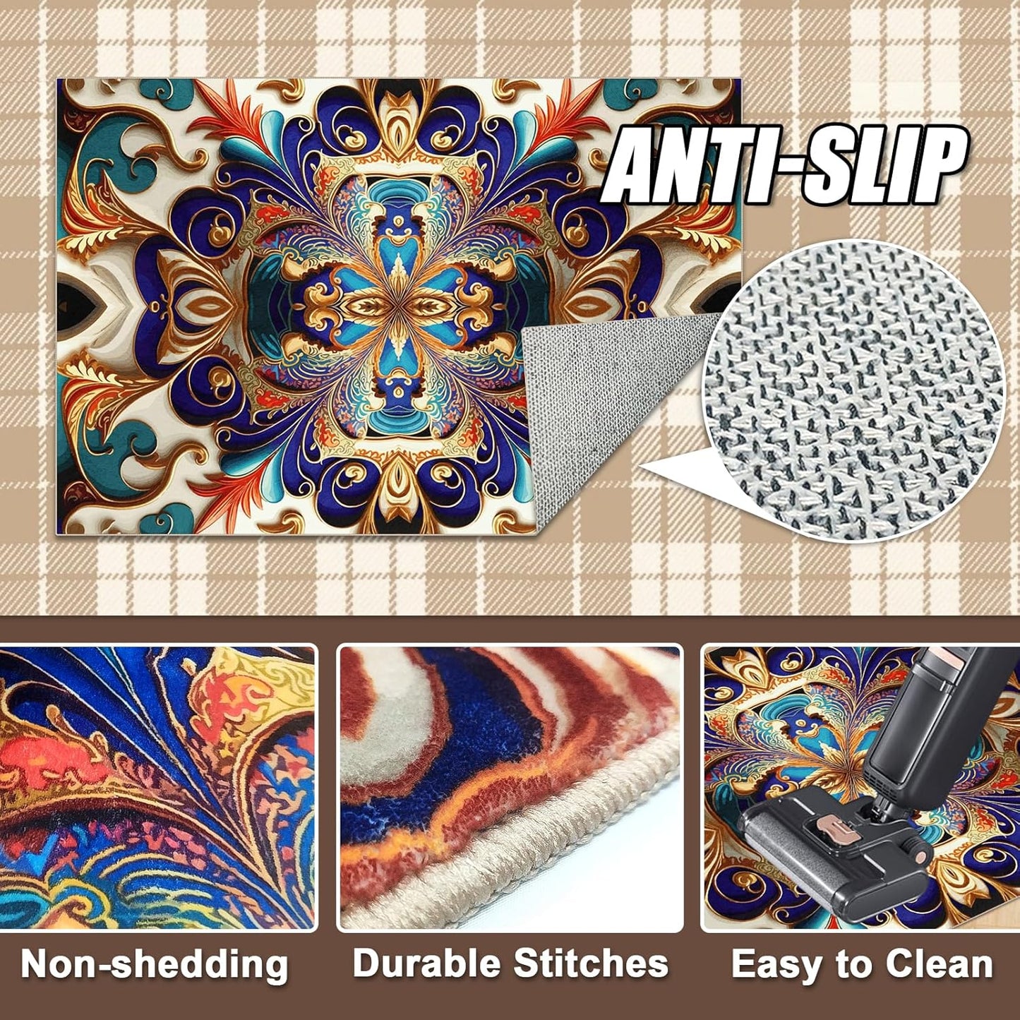 Washable Area Rug Mat, Non-Slip Vintage Hallway Rug Runner with Upgrade Rubber Backing, Stain Resistant Faux Wool Distressed Carpet Runner for Bedroom, Kitchen, Laundry, Entrance (60" x 40")