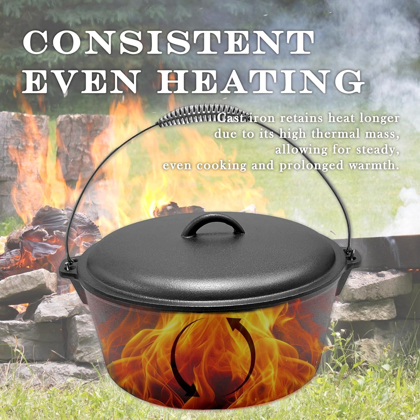 Cuisiland 9 Quart Cast Iron Dutch Oven with Dome Lid & Bail Handle – Pre-Seasoned Campfire Pot for Outdoor Cooking, Baking, Braising & Stews – Heavy-Duty, Even-Heat Casserole Pot for Camping & Home Use