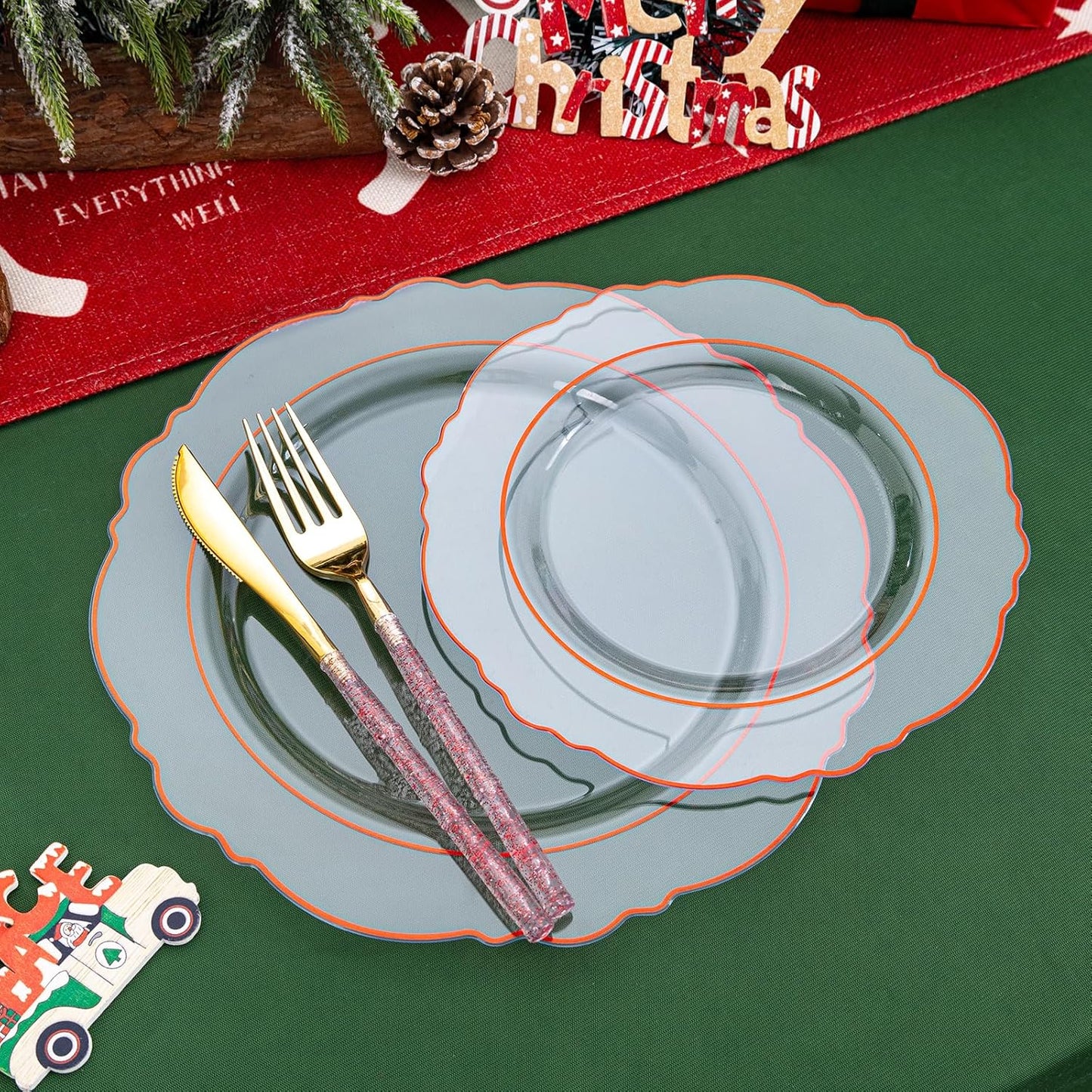 Liacere 150PCS Clear and Red Plastic Plates-Clear Red Disposable Plates with Glitter Bamboo Handle Cutlery-60 Baroque Elegant Plates,30 Forks,30 Spoons,30 Knives for Wedding&Christmas