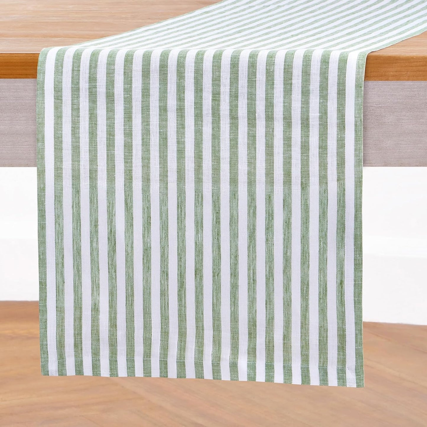 Solino Home Linen Table Runner 156 Inches Long - Amalfi Stripe, 100% Pure Linen Green and White Table Runner 14 x 156 Inch for Dining