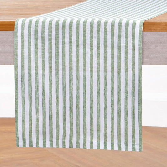 Solino Home Linen Table Runner 156 Inches Long - Amalfi Stripe, 100% Pure Linen Green and White Table Runner 14 x 156 Inch for Dining