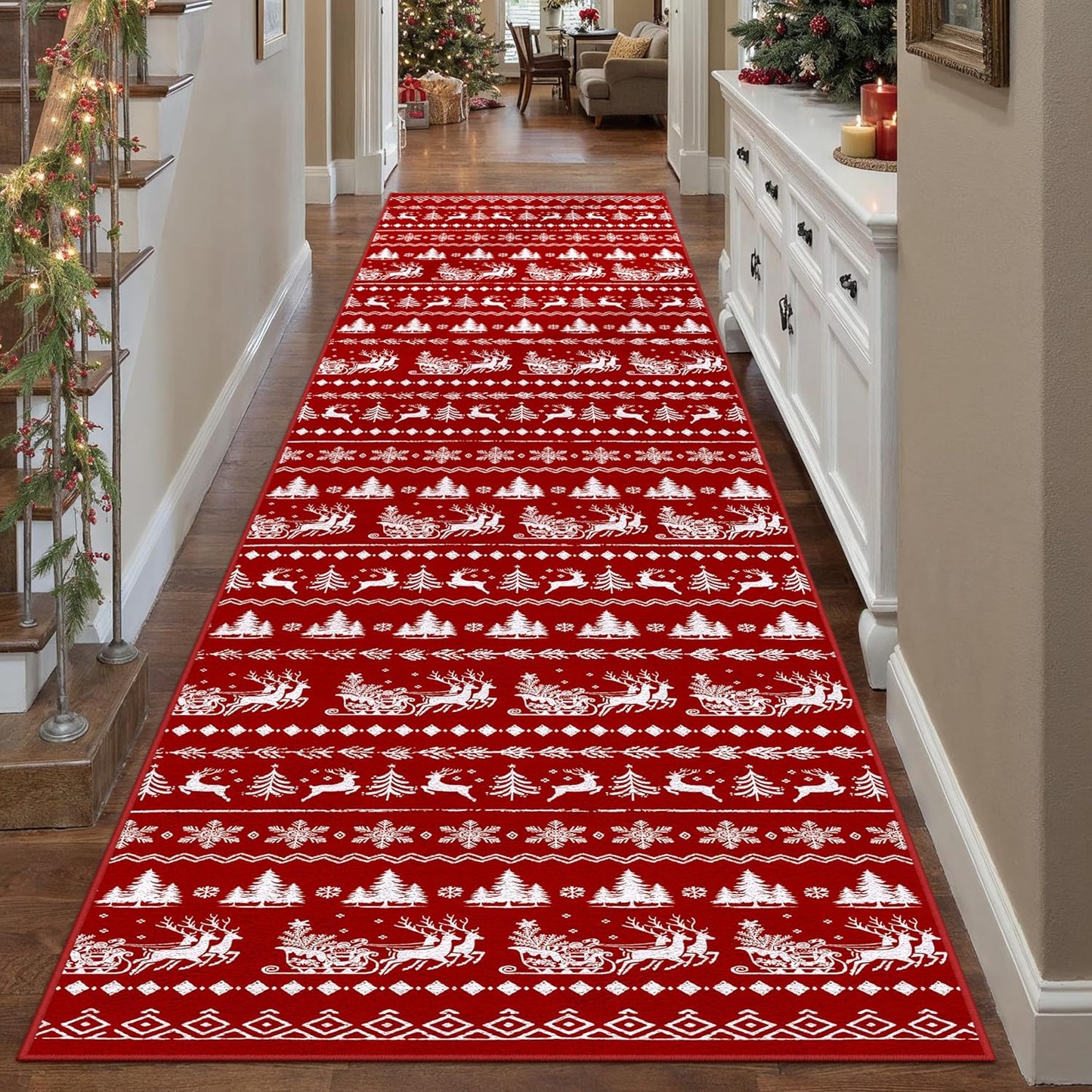 3x10 Christmas Runner Rug Red Washable Carpet Xmas Elk Holiday Decor Kitchen Non Slip Soft Low Pile Carpet Indoor Throw Snowflake Rug Laundry Room Living Room Bedroom Dining Room