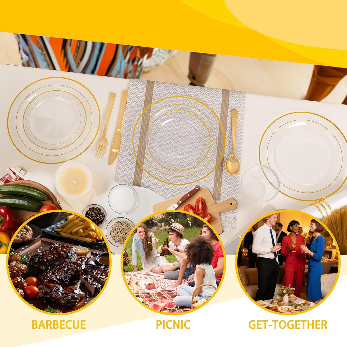 GATHER 350PCS Clear Gold Plastic Plates - Disposable Gold Dinnerware Sets Includes 100 Gold Rim Plastic Plates, 150 Silverware, 50 Napkins, 50 Cups for Party, Wedding & Birthday & Thanksgiving