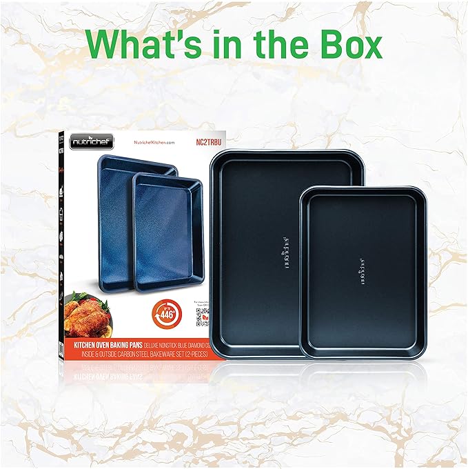 NutriChef 2-Piece Non-Stick Baking Sheet Pan Set - Premium Carbon Steel Cookie Sheets for Baking - Large and Medium Size Nonstick Oven Baking Trays - Blue Diamond