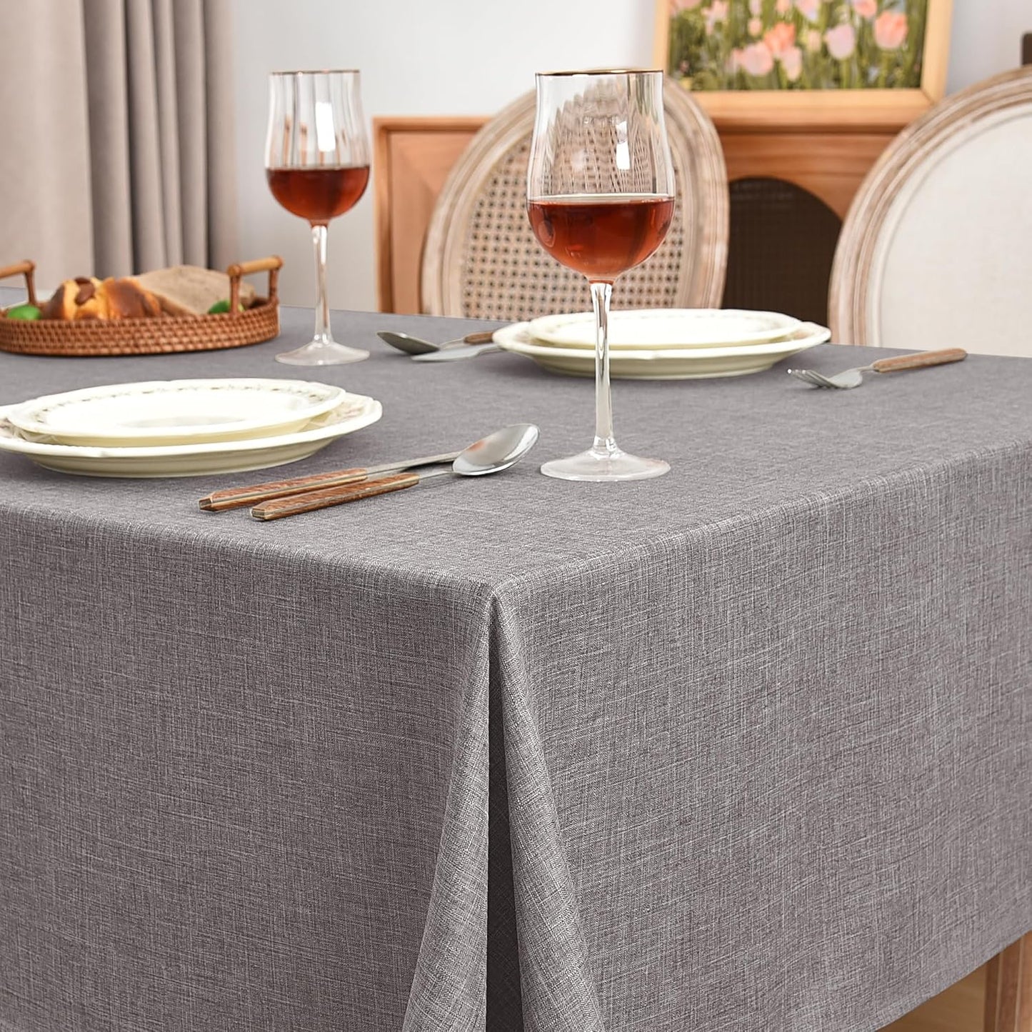 Fitable Faux Linen Tablecloths Rectangle 60 x 102 Inch - 2 Pack Neutral Table Clothes for 6 Foot Tables, Stone Flax Look Table Covers for Farmhouse, Dining, Party, Banquet, Buffet