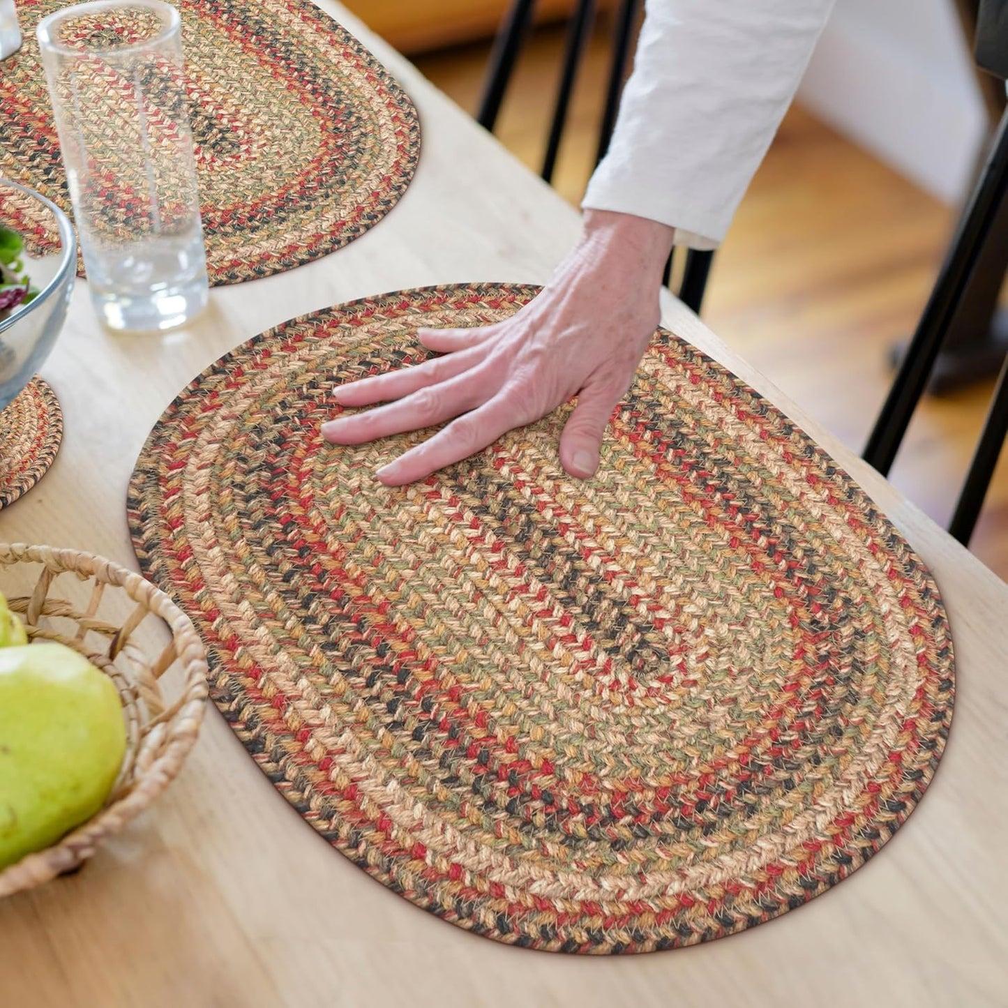 Homespice Kingston Jute Braided Oval Placemats, Warm Country Decor, Set of 6, 13x19 Multicolor Table Mats - Vibrant Colors, Durable, Easy to Clean and Protects Furniture