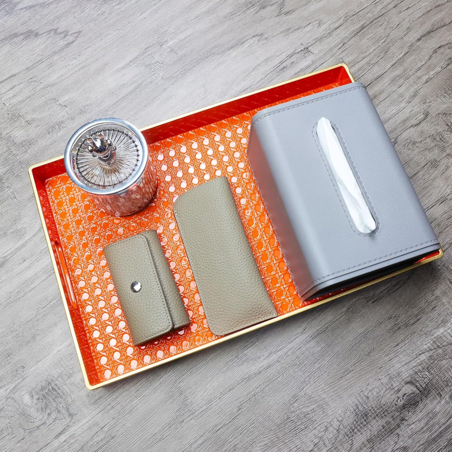 Orange Decorative Coffee Table Tray, Rectangular Plastic Serving Tray with Handles for Living Room, Ottoman, Bathroom, 15.7"*10.2"