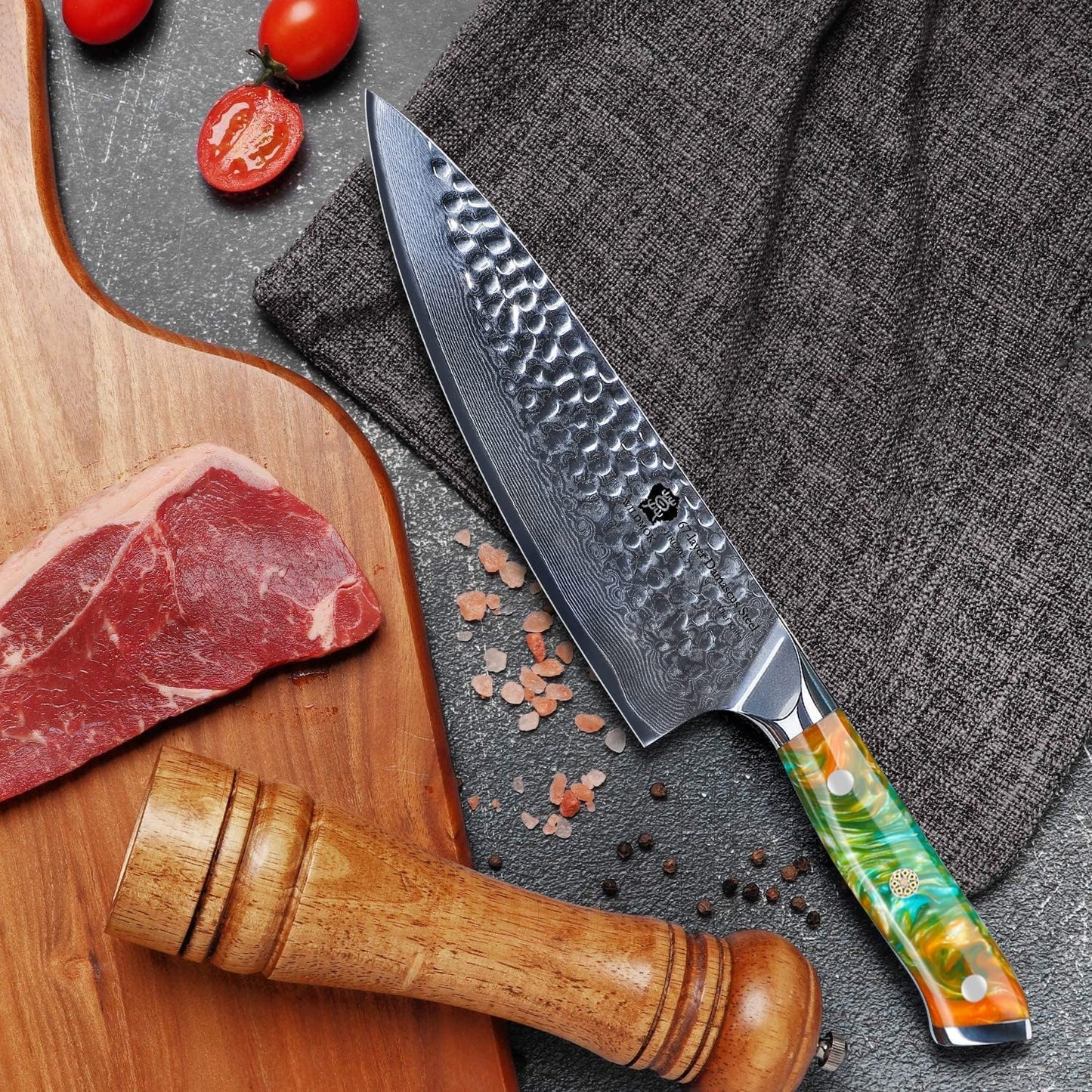 WILDMOK Chef Knife,8 inch Damascus Japanese kitchen knives,VG10 Steel&Resin Handle Chef Knife,Hammered Finish chef's knives,Japanese damascus knife Including Gift Box