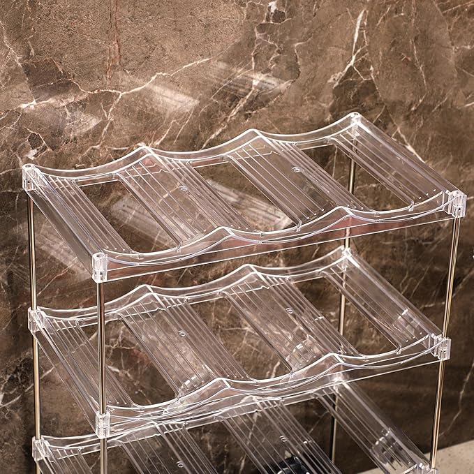 IEEK 4 Tier Stackable Wine and Water Bottle Holder Free-Standing Fridge Wine Bottle Organizers Clear Plastic Water Bottle Holder for Cabinet,Refrigerator,Pantry,Kitchen Countertops,Holds 12 Bottles