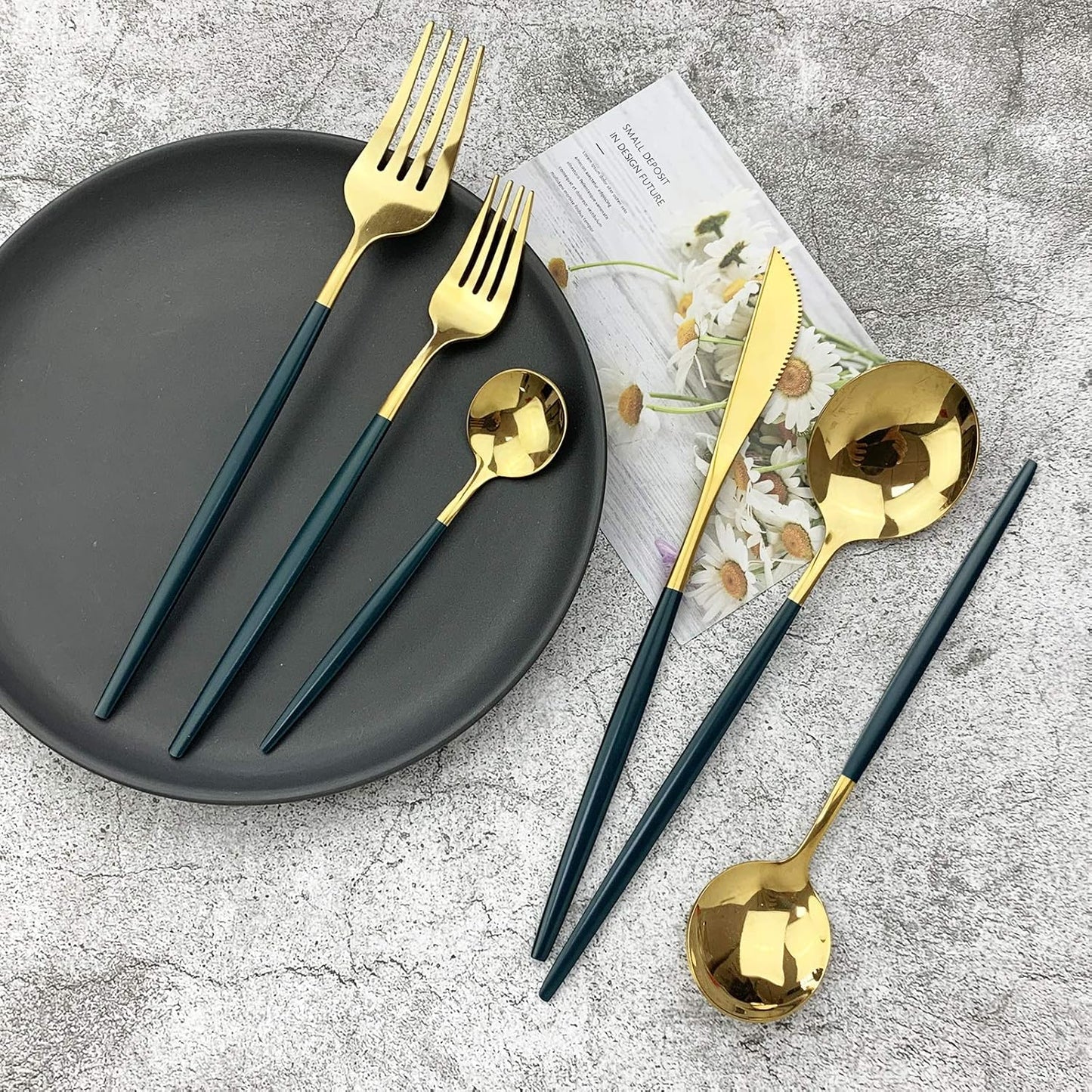 JASHII 18/10 Silver Silverware Set Stainless Steel Flatware Utensils Set Gold Cutlery Set| 24-Piece Modern Cubiertos Dorados| BEST Birthday Wedding Gift (4 sets, Green Handle Gold Mirror Polish)