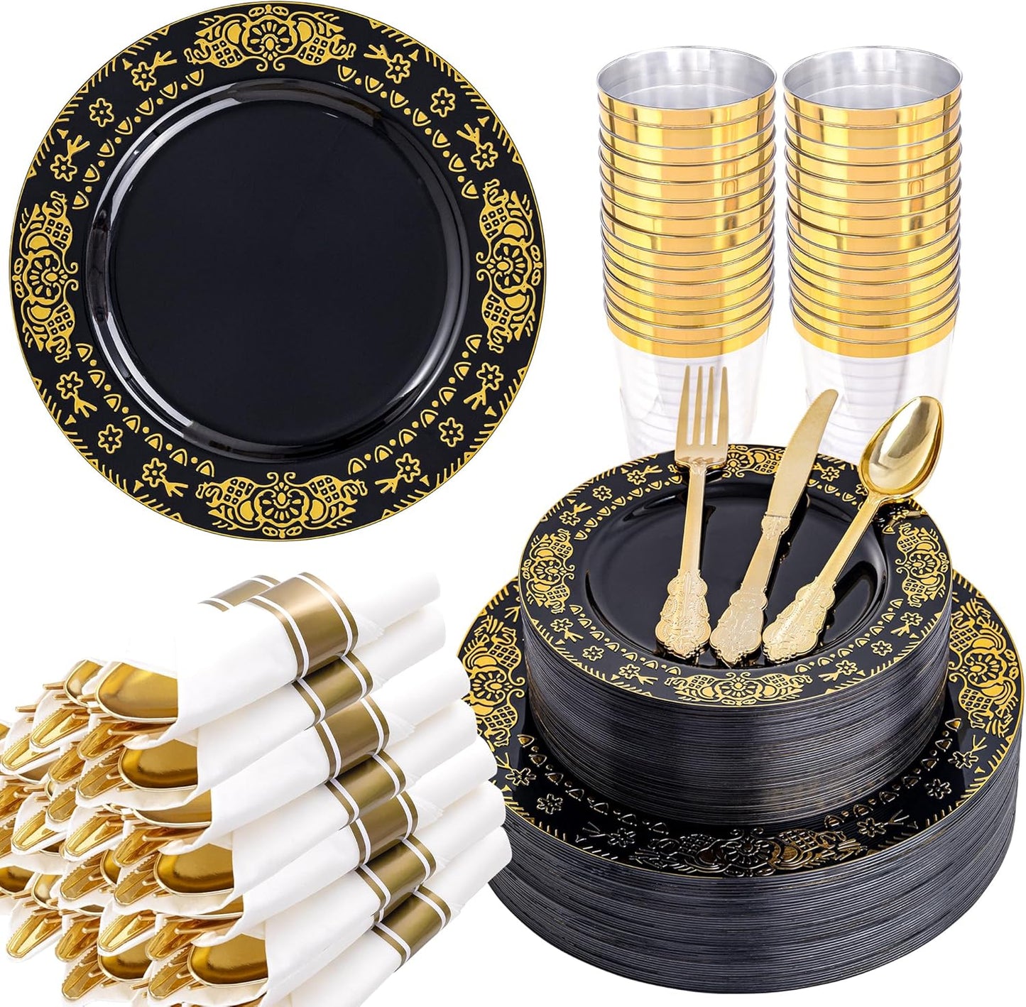 GATHER 350PCS Black and Gold Plastic Plates - Gold Disposable Dinnerware Set Include 50 Dinner Plates, 50 Dessert Plates, 150 Gold Plastic Silverware, 50 Napkins, 50 Cups for Wedding & Halloween