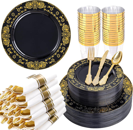 GATHER 350PCS Black and Gold Plastic Plates - Gold Disposable Dinnerware Set Include 50 Dinner Plates, 50 Dessert Plates, 150 Gold Plastic Silverware, 50 Napkins, 50 Cups for Wedding & Halloween
