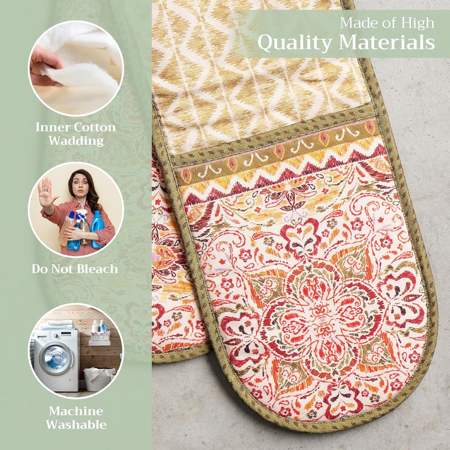 Maison d' Hermine Double Oven Mitt (7" x 35") 100% Cotton Heat Resistant BBQ Cooking Gloves with Loop for Thanksgiving Christmas Decorations Baking Cooking Barbeque Handling Hot Pan (Damask)