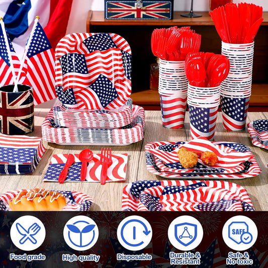 350 Pcs Paper Plates and Napkins Set Disposable Dinnerware Party Supplies Tableware Serve 50 Guest Cups Knife Forks Spoon(Blue,Red,Patriotic)