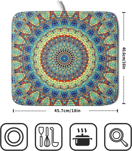 Bohemian Dish Drying Mats for Kitchen Counter 16×18 Inch Boho Mandala Ethnic Small Microfiber Drying Mat Kitchen Accessories Dish Rack Mat Drainer Pad Washable Absorbent