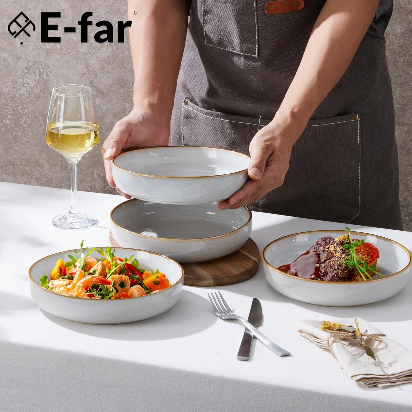 E-far Pasta Bowls Set of 4, 35oz Large Salad Bowls for Serving, Wide and Shallow Ceramic Plates for Kitchen, Double Reactive Glaze, Microwave and Dishwasher Safe, Seashell White