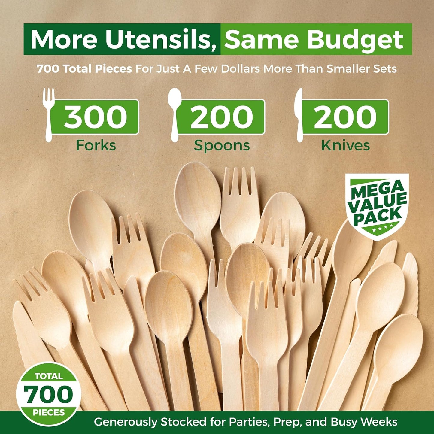 700-Piece Wooden Cutlery Set – [300 Forks, 200 Spoons, 200 Knives] – Bulk Disposable Utensils | Compostable Birchwood | Eco-Friendly, Biodegradable & Durable for Events & Everyday Use – E’s Essentials