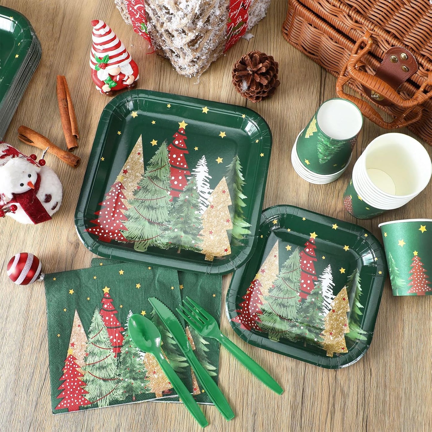 350 Pcs Paper Plates and Napkins Set Disposable Dinnerware Party Supplies Tableware Serve 50 Guest Cups Knife Forks Spoon (Green,Red,Gold,Christmas Tree)