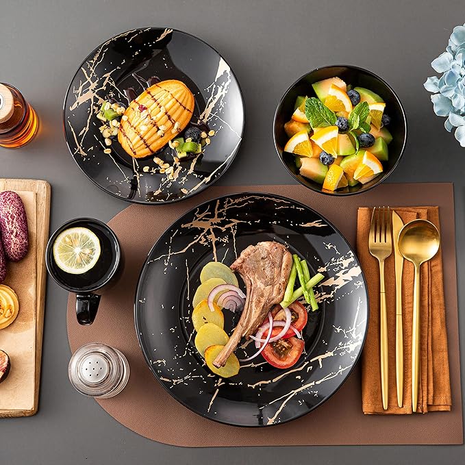 LOVECASA Black Plates and Bowls Sets for 4, Porcelain Dinnerware Sets 16 Piece Gold Splash Glaze Ceramic Dish Set, Round Dinner Set with Mugs, Dishwasher Microwave Safe