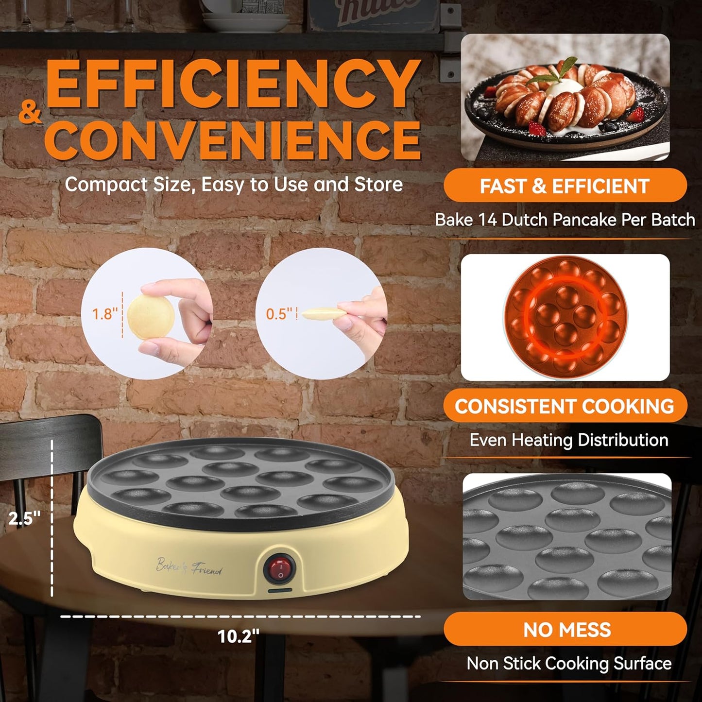 Baker's Friend Mini Pancakes Maker Machine, Dutch Mini Pancake Griddle, 14 Holes Electric Poffertjes Pan, Ideal for Breakfast, Snacks, Desserts & More, Yellow