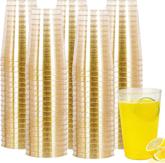 I00000 100 Pack 24 oz Gold Plastic Cups, Gold Glitter Cups Disposable Plastic Wine Glasses Cocktail Glasses Premium Cup, 24 Ounce Glitter Disposable Tumblers for Party & Wedding
