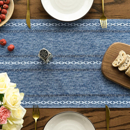 Artoid Mode Blue Rustic Cotton Linen Table Runner, Seasonal Embroidered Hollow Kitchen Dining Table Decoration for Home Party Decor 13x72 Inch