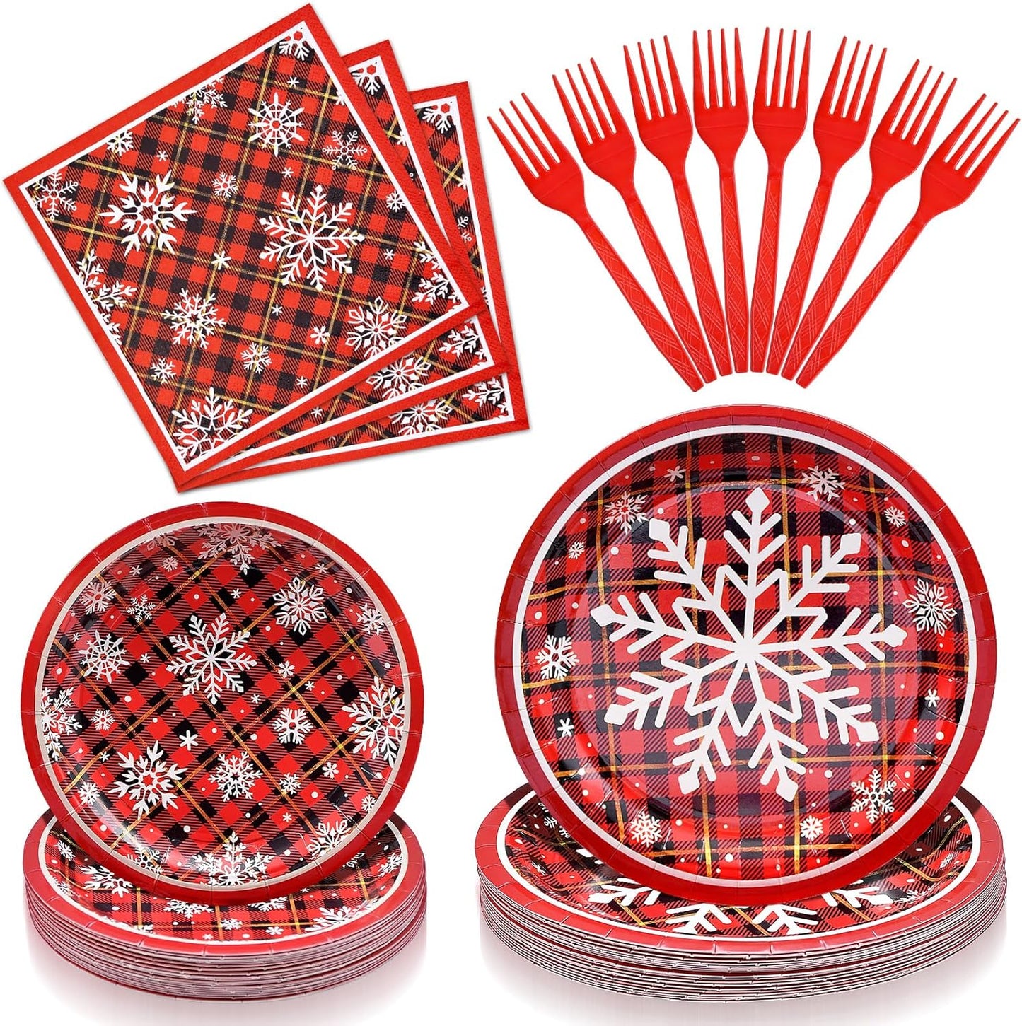 96 Pieces Christmas Snowflake Plaid Tableware Set – Red Buffalo Check Disposable Plates, Napkins, and Forks for Holiday Dinners, Winter Parties, Festive Celebrations – Serves 24 Guests