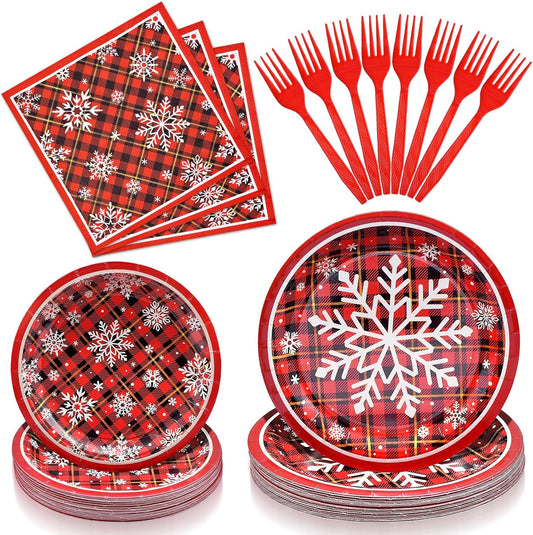 96 Pieces Christmas Snowflake Plaid Tableware Set – Red Buffalo Check Disposable Plates, Napkins, and Forks for Holiday Dinners, Winter Parties, Festive Celebrations – Serves 24 Guests