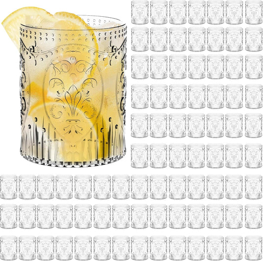 100 Plastic Vintage Drinking Glasses 8.5oz Stemless Retro Embossed Wine Glasses Shatterproof Reusable Cups for Baby Shower Wedding Reception Grand Event Party (Clear)