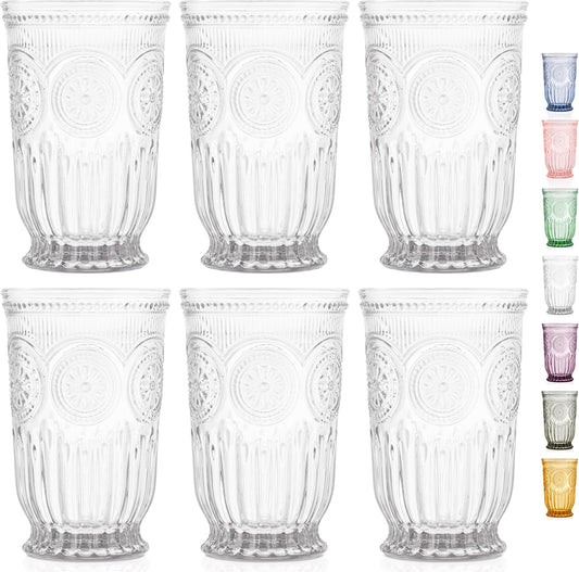 Yungala Highball Glasses set of 6 Vintage Glassware water glasses with unique footed design and pressed sunflower and hobnail motif - hand crafted without lead - dishwasher friendly