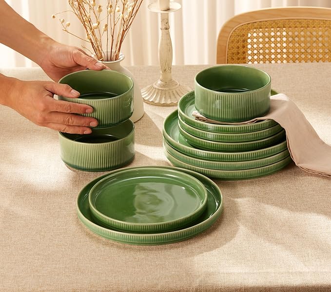 Ceramic Dinnerware Set, by Vase and Vessel, 12-Piece Service for 4, 9.8” Dinner Plates, 8” Salad Plates, 20 oz Bowls, Ombre Reactive Glaze, Durable Stoneware, Microwave & Dishwasher (Moss Green)
