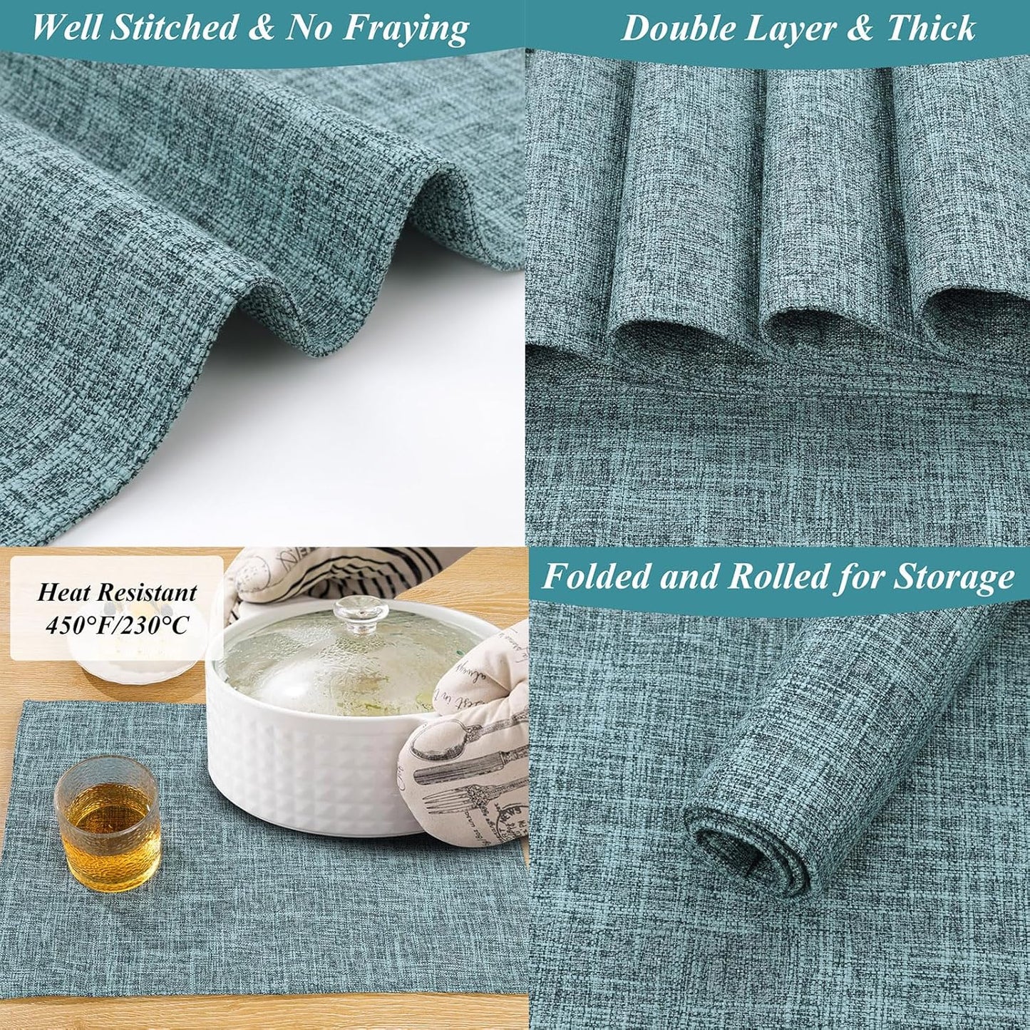 SHACOS Washable Fabric Placemats Set of 4 Heat Resistant Double Layer Cloth Table Mats Non Slip Farmhouse Place Mats, Blue Grey