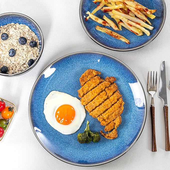 Plates and Bowls Sets for 4 - CJDC-QUELO 12-Piece Stoneware Dinnerware Sets, Ceramic Dishware Set for Kitchen Use and Formal Dining, Chip and Scratch Resistant Microwave Dishwasher Safe, Blue