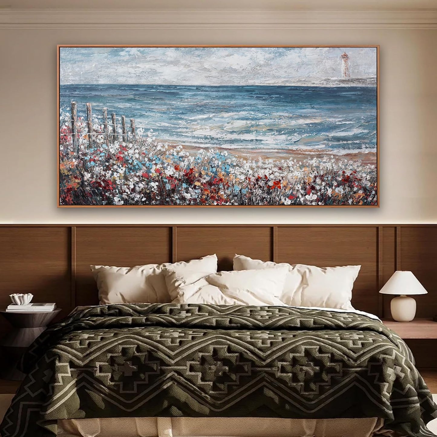 Large Wall Art Scene Decor Canvas Print Painting Picture Artwork Framed Blue Sea Colorful flowers Landscape For Living Room Bedroom Living Room And Office Wall Decor 29 x 58 Inch