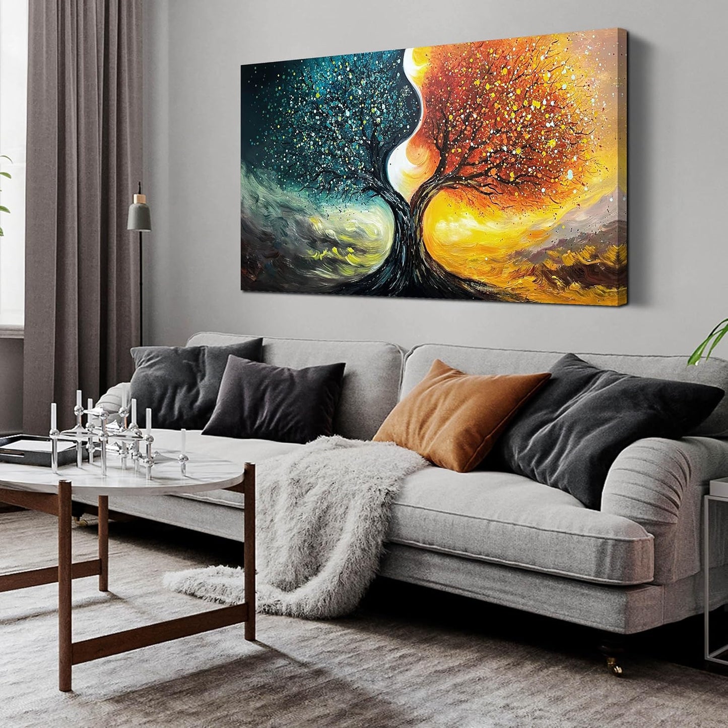 Tree Painting Wall Art for Living Room - Teal and Yellow Hand Painted Wall Art for Office - Abstract Canvas Wall Decor Bedroom Size 24" x 47"