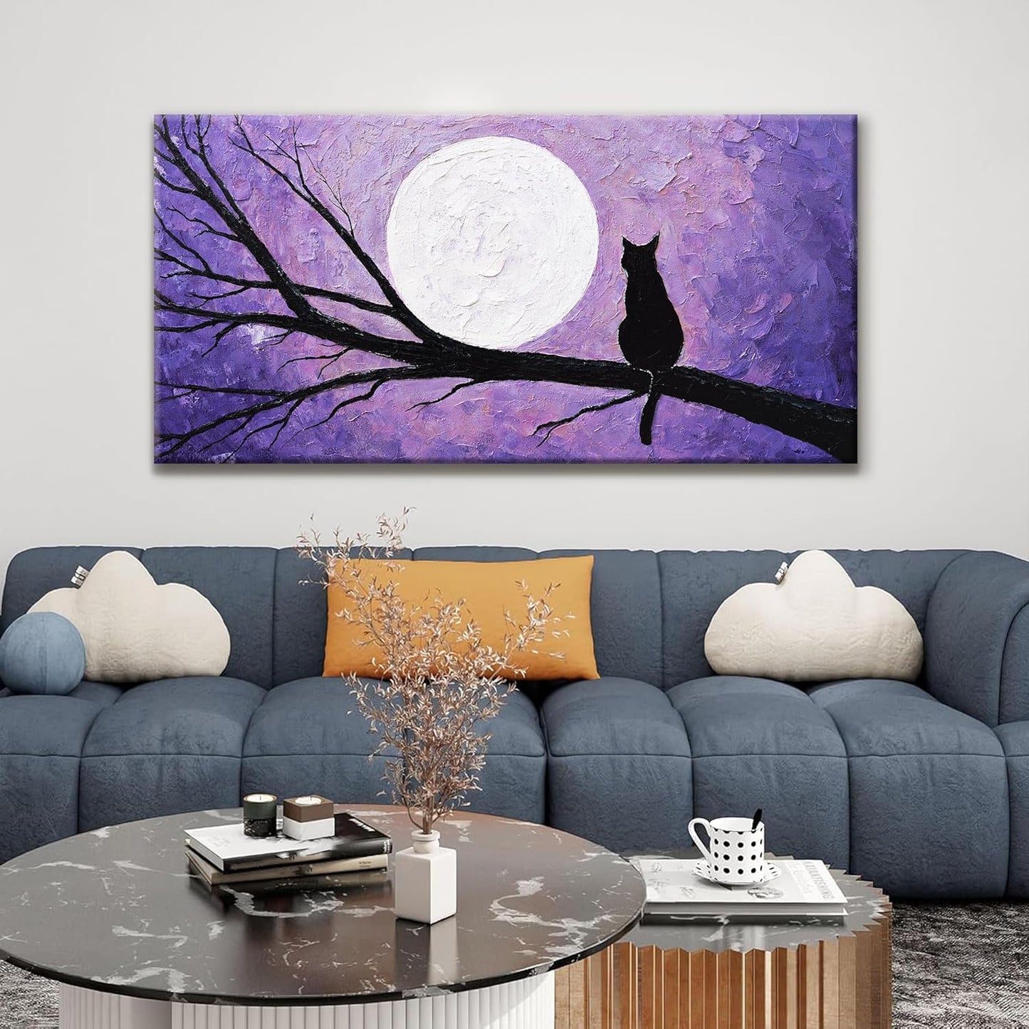 QSQ Cat Wall Art Prints Painting Canvas Art Wall Decor Funny Monet Cat Under The Moonlight Abstract Wall Art Posters Picture For Bedroom Living Room Office Home Decor 24" × 48" Ready To Hang