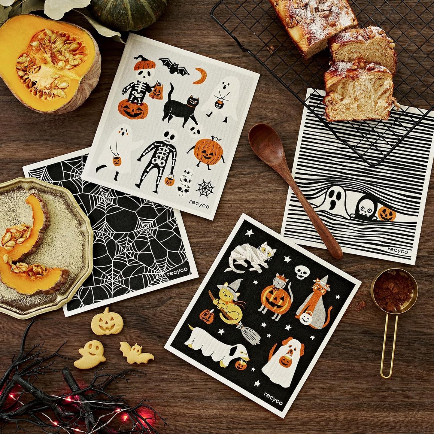 RECYCO Swedish Dishcloths for Kitchen | 4 Pack Halloween Wicked Whimsy Washable Dish Rags | Cellulose Reusable Cleaning Paper Towels | Absorbent Counter Dish Cloth Sponge Kitchen Wipes, 8" L x 7" W