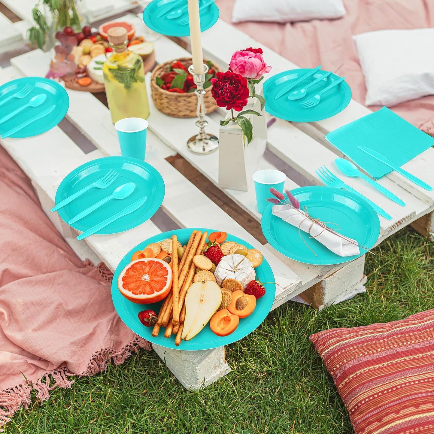 durony 350 Pieces Teal Blue Party Supplies Teal Blue Dinnerware Set Paper Plates Cup Napkins Serve 50 Guests for Birthday Wedding Baby Shower Party Family Picnic