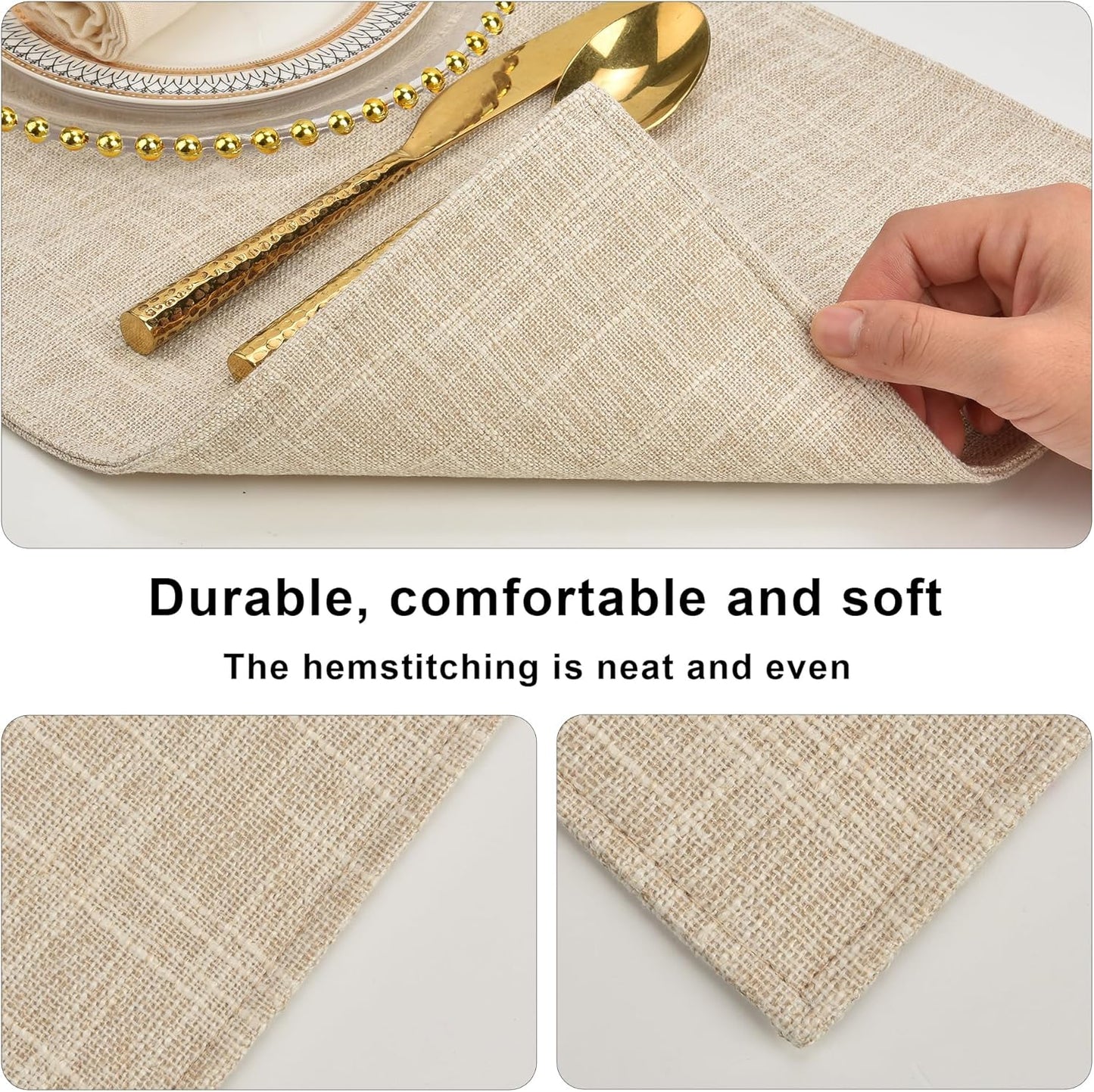SLKQG Linen-Look Fabric Placemats Set of 4, Heat Resistant & Machine Washable Double-Layered Cloth Placemats for Dining Table, Indoor/Outdoor Use, Non-Slip Kitchen Table Mats (4, Beige Cream)