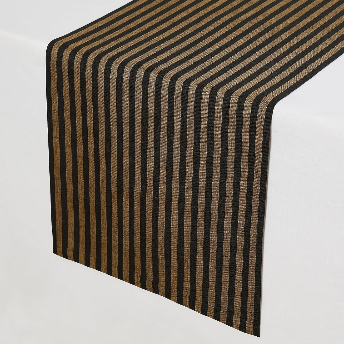 Solino Home Table Runner 60 Inches - Amalfi Stripe 100% Pure Linen Brown Sugar and Black Table Runner 14 x 60 Inch Ideal for Dresser and Coffee Tables - Fall, Autumn, Thanksgiving