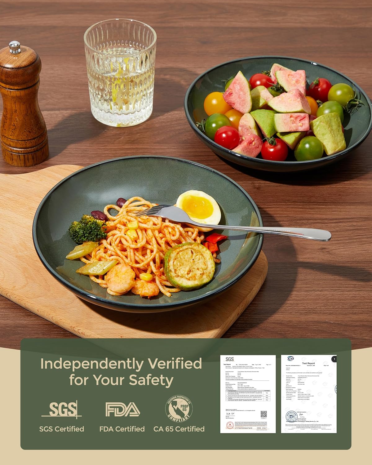 Pasta Bowls Set of 4, Reactive Glaze Salad Bowl 30 oz, Microwave & Dishwasher Safe, Large Wide Serving Bowls for Fruit/Soup/Noodle/Dessert, Blackish Green